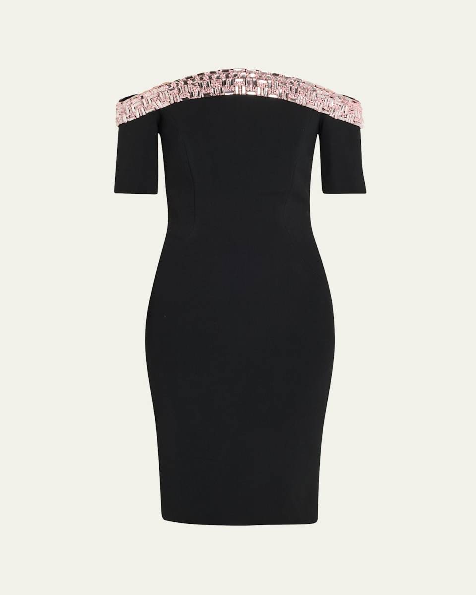 Off-Shoulder Crystal Neck-Trim Crepe Cocktail Dress